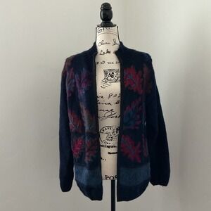 Vtg‎ 100% Wool Navy Cardigan – Handcrafted Look, Multicolor Leaf Pattern, Sz M